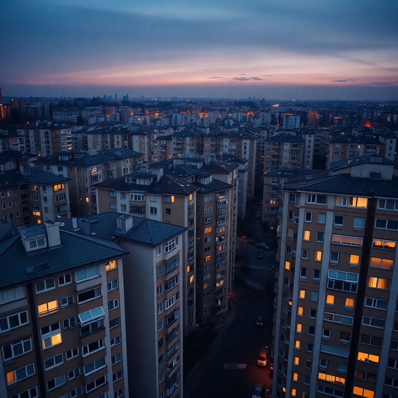 Vedere aeriană a blocurilor de apartamente într-un oraș universitar românesc la apus